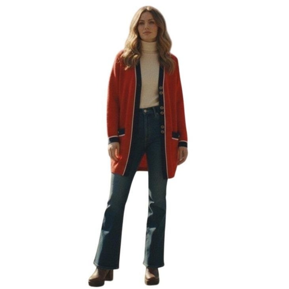 Vintage SAN REMO Red and Navy Long Cardigan‎ 80s Style Preppy Red & Navy XL